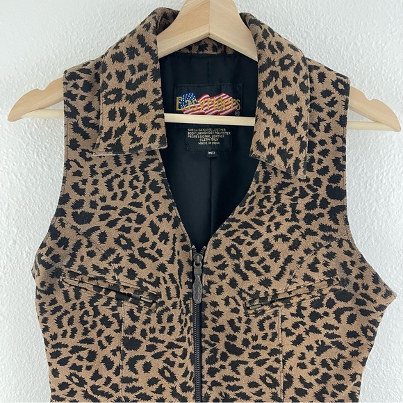 Vintage 90s Tan Black Suede Leather Cheetah Print V Neck Zip Up Biker Vest Top - Picture 3 of 10
